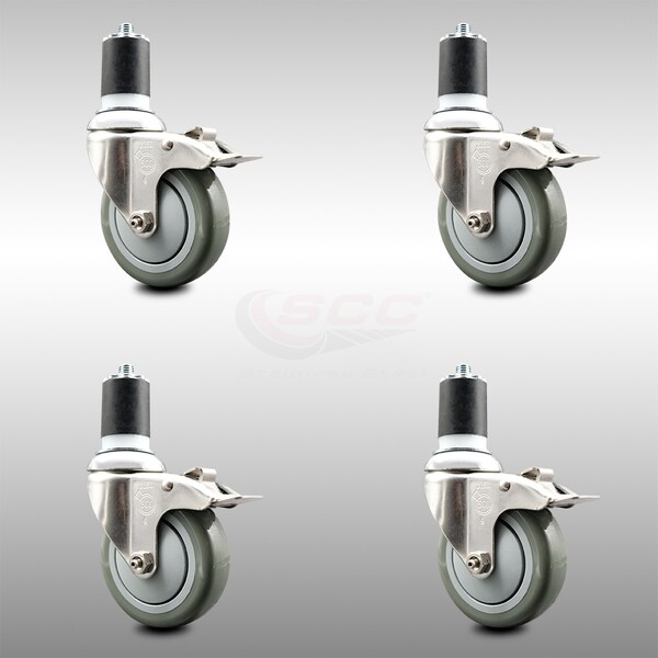 Service Caster 4 Inch 316SS Gray Poly Swivel 1-7/8 Inch Expanding Stem Caster Set Lock Brake SCC-SS316TTLEX20S414-PPUB-178-4 - main